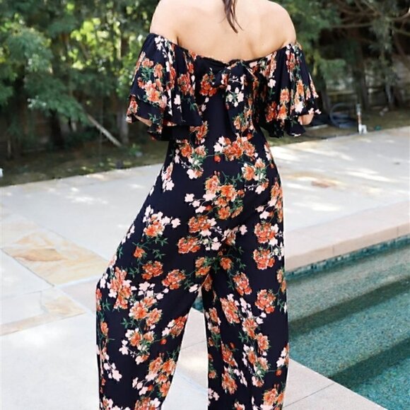 Off shoulder Floral Print Jumpsuit black - Picture 5 of 5
